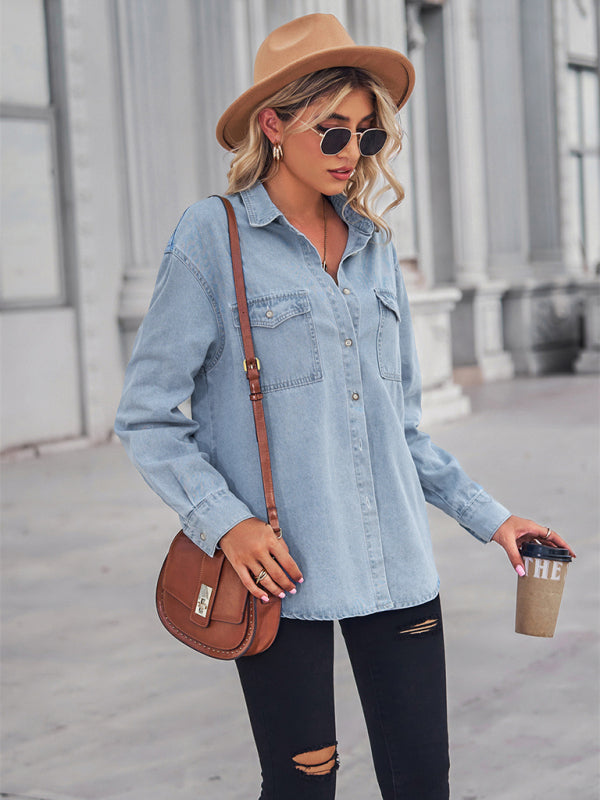light-colored thin denim long-sleeved shirt for women BLUE ZONE PLANET