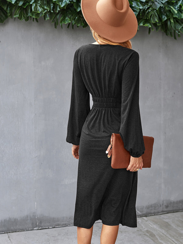 Waist slimming A-line skirt V-neck elastic elastic dress kakaclo