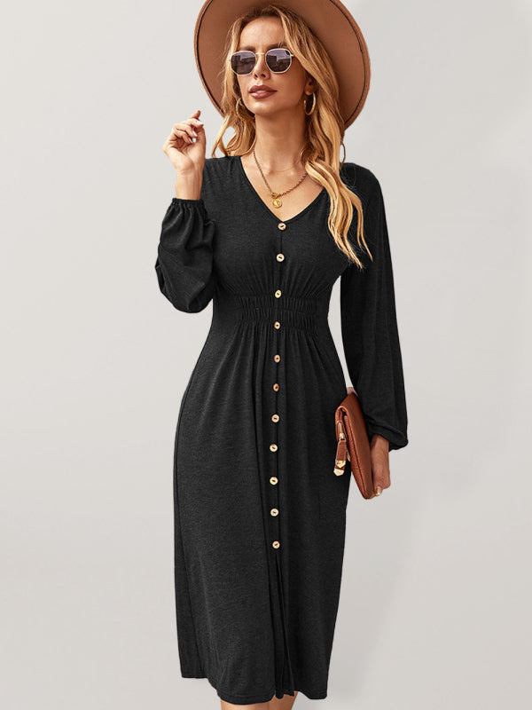 Waist slimming A-line skirt V-neck elastic elastic dress kakaclo