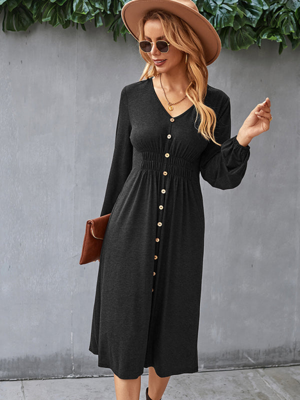 Waist slimming A-line skirt V-neck elastic elastic dress kakaclo