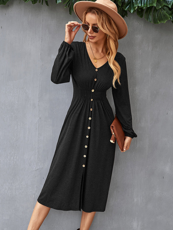 Waist slimming A-line skirt V-neck elastic elastic dress kakaclo