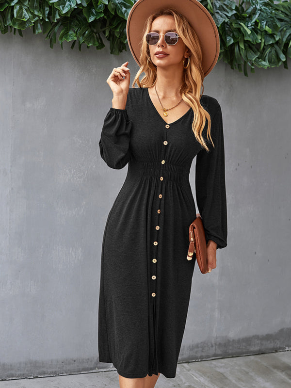 Waist slimming A-line skirt V-neck elastic elastic dress kakaclo