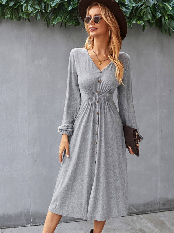 Waist slimming A-line skirt V-neck elastic elastic dress kakaclo