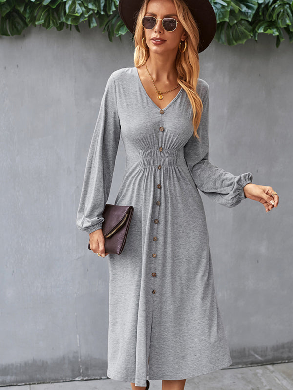 Waist slimming A-line skirt V-neck elastic elastic dress kakaclo