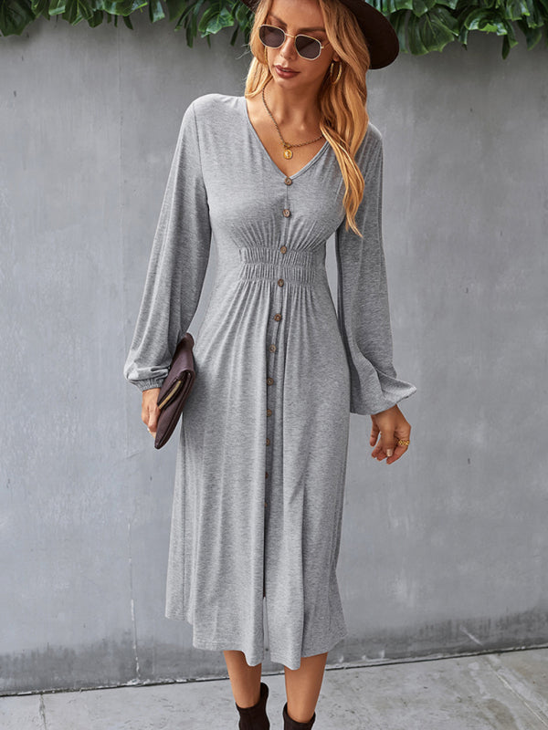 Waist slimming A-line skirt V-neck elastic elastic dress kakaclo