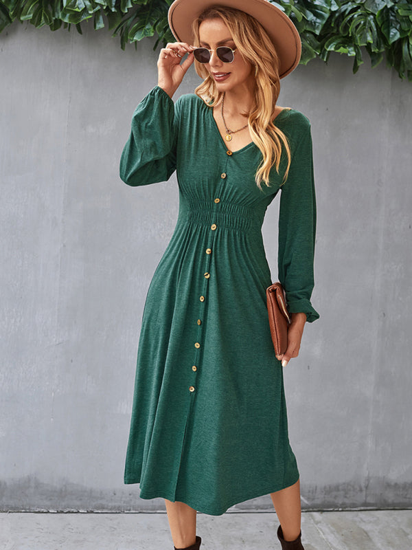Waist slimming A-line skirt V-neck elastic elastic dress kakaclo