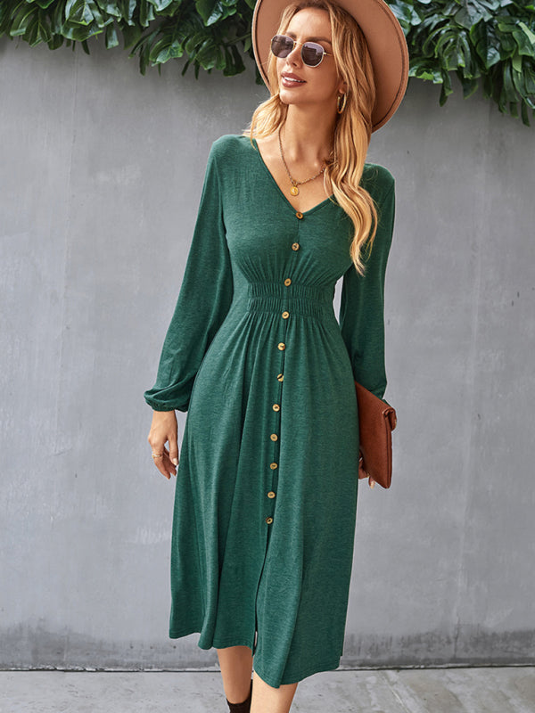 Waist slimming A-line skirt V-neck elastic elastic dress kakaclo