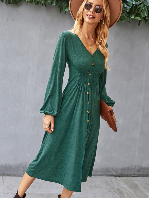 Waist slimming A-line skirt V-neck elastic elastic dress kakaclo