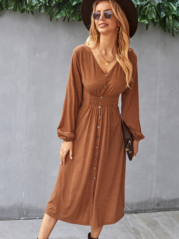 Waist slimming A-line skirt V-neck elastic elastic dress kakaclo