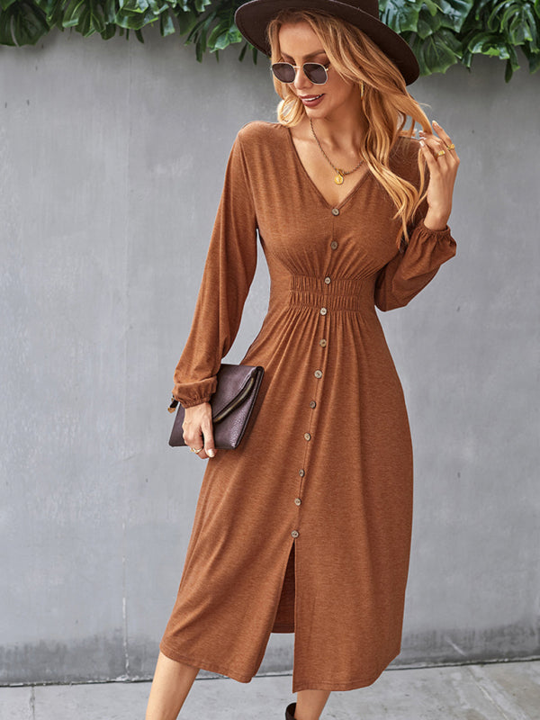 Waist slimming A-line skirt V-neck elastic elastic dress kakaclo
