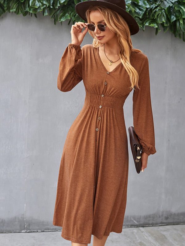 Waist slimming A-line skirt V-neck elastic elastic dress kakaclo