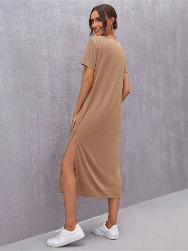 Blue Zone Planet |  Knitted Short Sleeve Round Neck Slit Solid Color Midi Dress BLUE ZONE PLANET