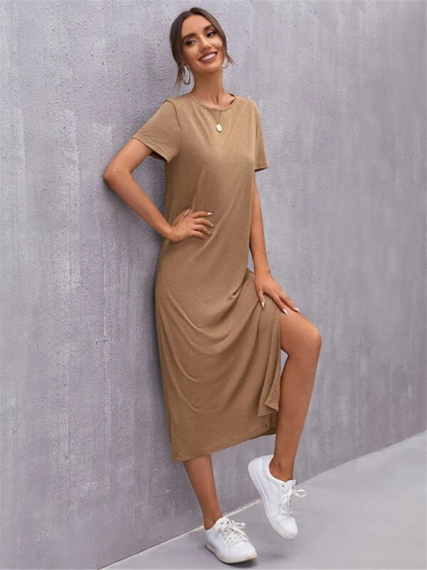 Blue Zone Planet |  Knitted Short Sleeve Round Neck Slit Solid Color Midi Dress BLUE ZONE PLANET