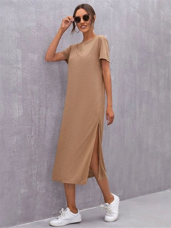 Blue Zone Planet |  Knitted Short Sleeve Round Neck Slit Solid Color Midi Dress BLUE ZONE PLANET