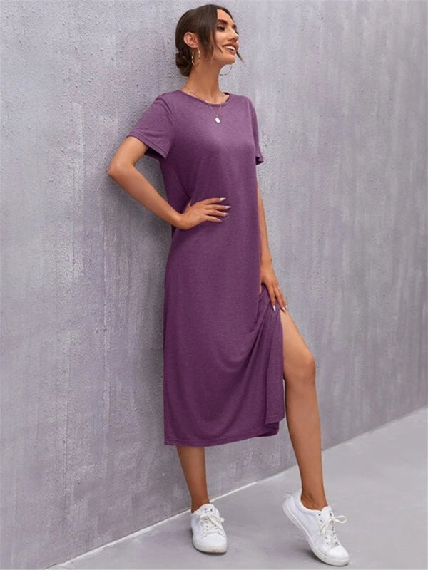 Blue Zone Planet |  Knitted Short Sleeve Round Neck Slit Solid Color Midi Dress BLUE ZONE PLANET