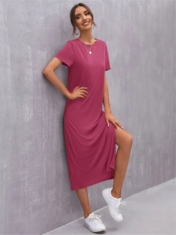 Blue Zone Planet |  Knitted Short Sleeve Round Neck Slit Solid Color Midi Dress BLUE ZONE PLANET