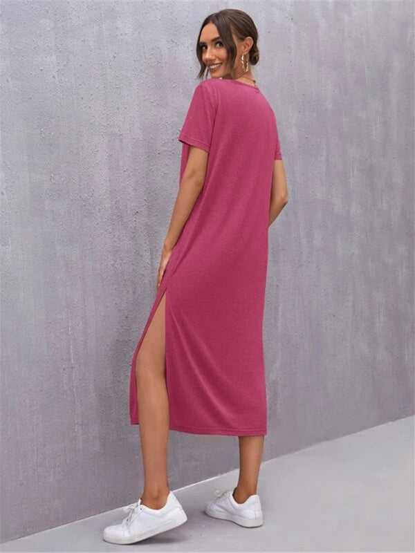 Blue Zone Planet |  Knitted Short Sleeve Round Neck Slit Solid Color Midi Dress BLUE ZONE PLANET