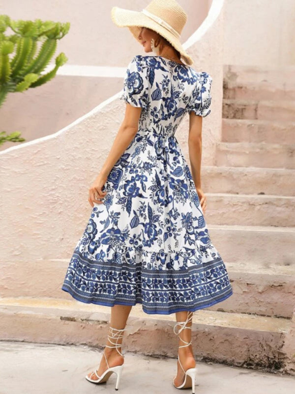 All-over positioning print printed puff-sleeved maxi-neck dress BLUE ZONE PLANET