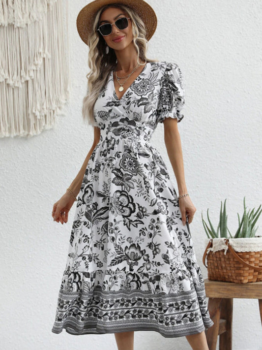 All-over positioning print printed puff-sleeved maxi-neck dress BLUE ZONE PLANET