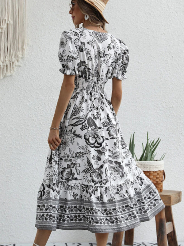 All-over positioning print printed puff-sleeved maxi-neck dress BLUE ZONE PLANET