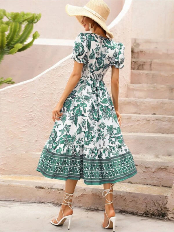All-over positioning print printed puff-sleeved maxi-neck dress BLUE ZONE PLANET
