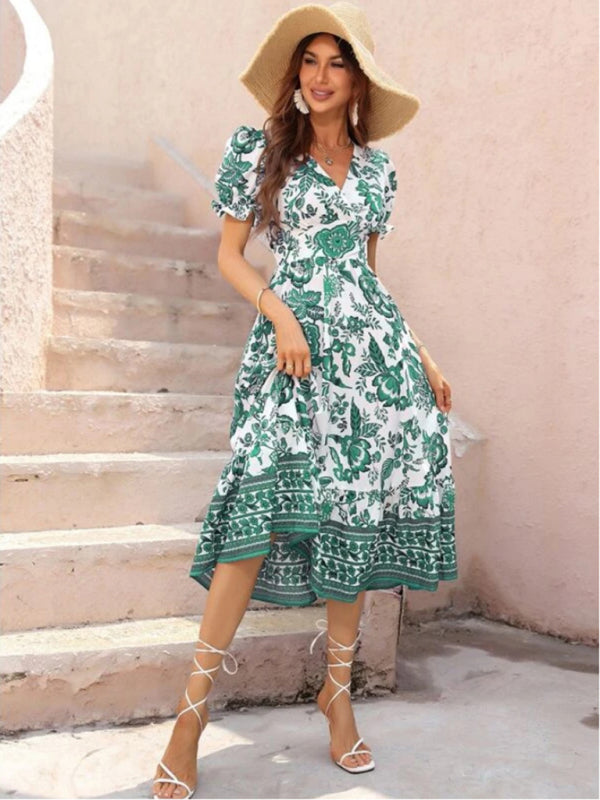 All-over positioning print printed puff-sleeved maxi-neck dress BLUE ZONE PLANET