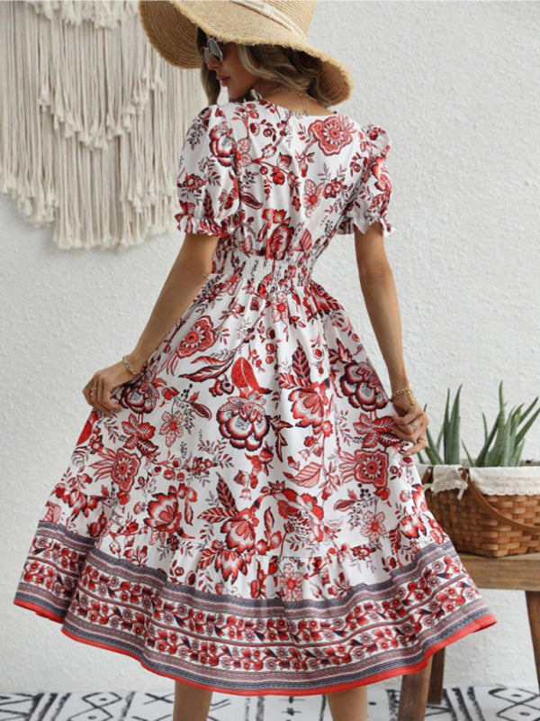 All-over positioning print printed puff-sleeved maxi-neck dress BLUE ZONE PLANET