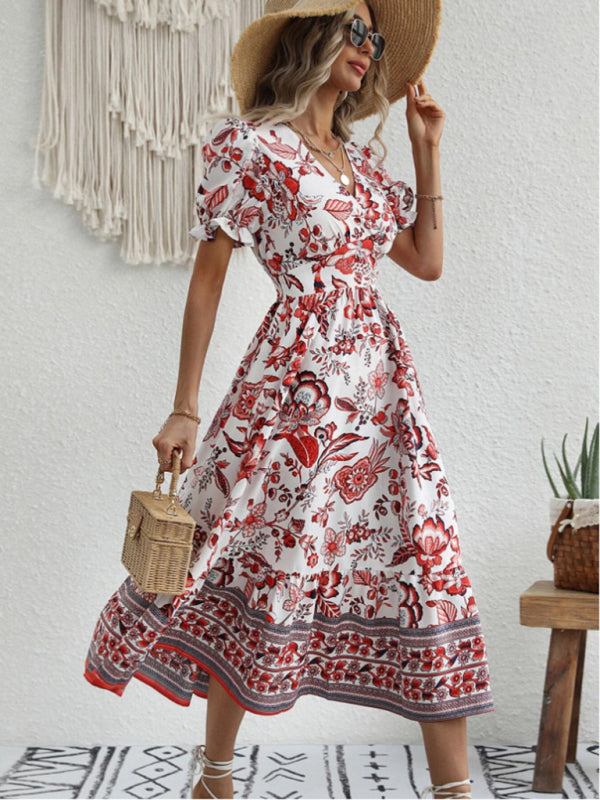 All-over positioning print printed puff-sleeved maxi-neck dress BLUE ZONE PLANET