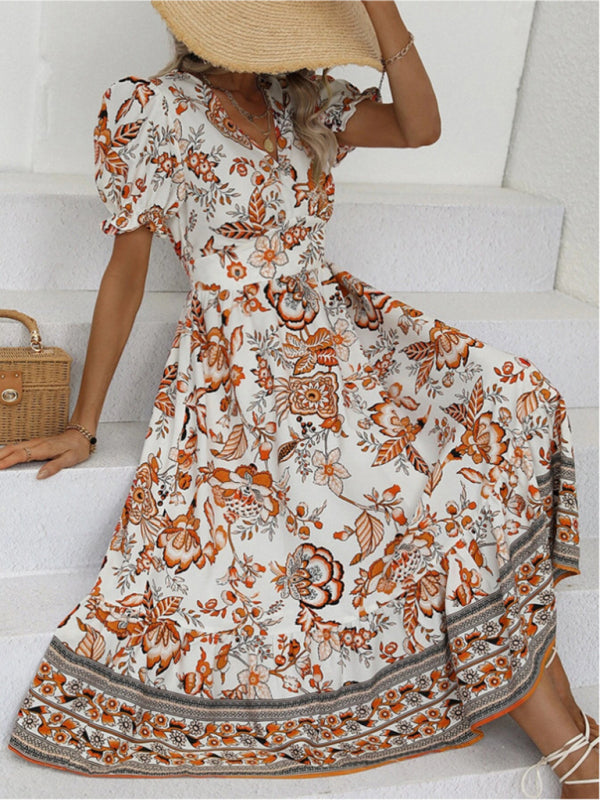 All-over positioning print printed puff-sleeved maxi-neck dress BLUE ZONE PLANET