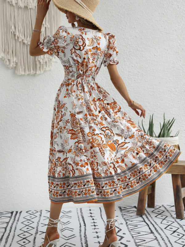 All-over positioning print printed puff-sleeved maxi-neck dress BLUE ZONE PLANET