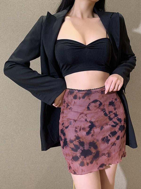 Blue Zone Planet |  Printed mesh skirt high waist double layer slim wrap hip skirt kakaclo