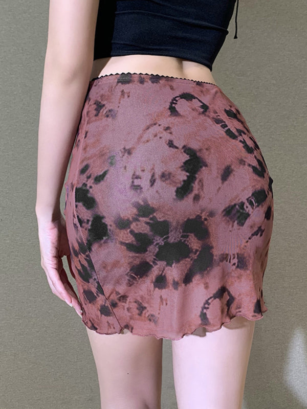Blue Zone Planet |  Printed mesh skirt high waist double layer slim wrap hip skirt kakaclo