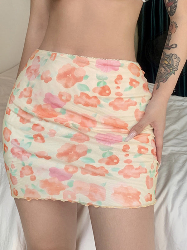 Blue Zone Planet |  Printed mesh skirt high waist double layer slim wrap hip skirt kakaclo