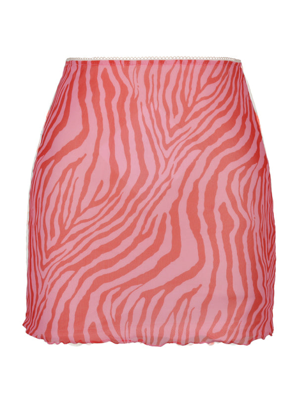 Blue Zone Planet |  Printed mesh skirt high waist double layer slim wrap hip skirt kakaclo