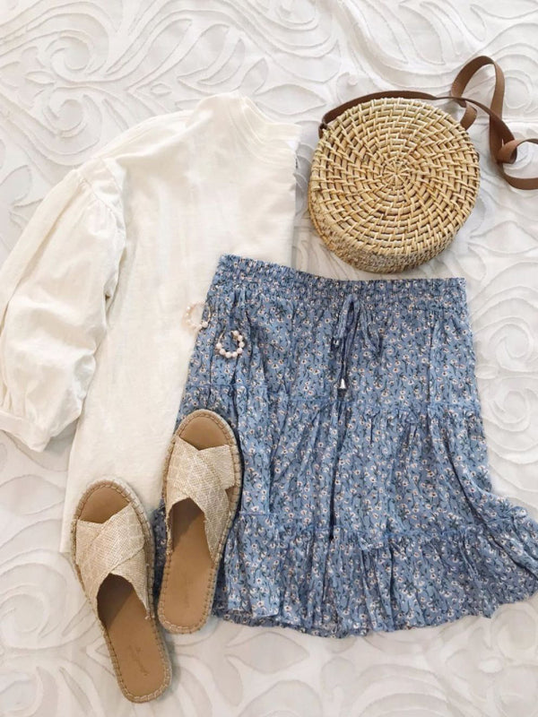 Blue Zone Planet |  Ladies High Waist Ruffled Floral Printed A-Line Skirt kakaclo