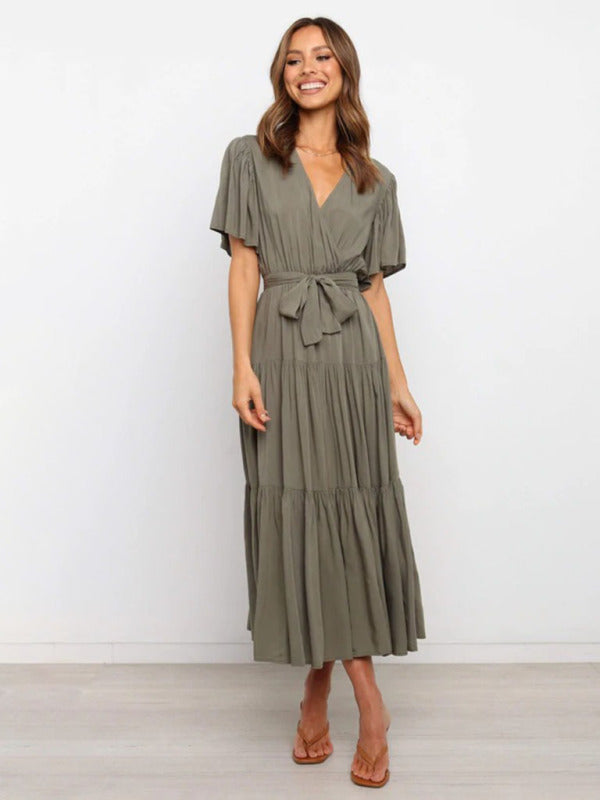 Solid v-neck short sleeve bohemian midi dress BLUE ZONE PLANET