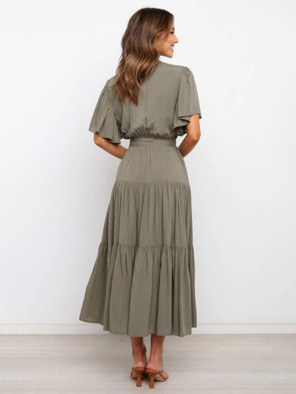 Solid v-neck short sleeve bohemian midi dress BLUE ZONE PLANET