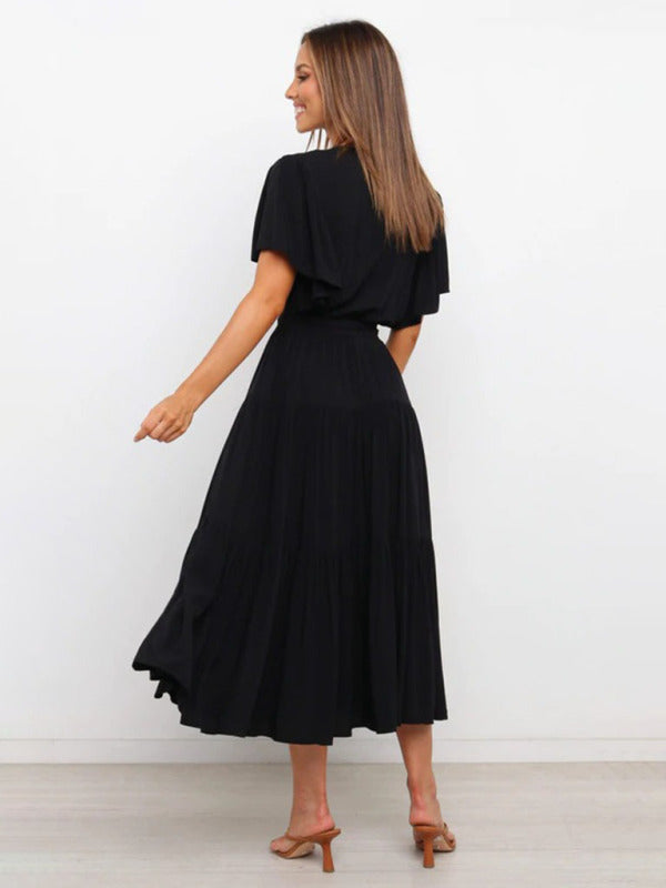 Solid v-neck short sleeve bohemian midi dress BLUE ZONE PLANET