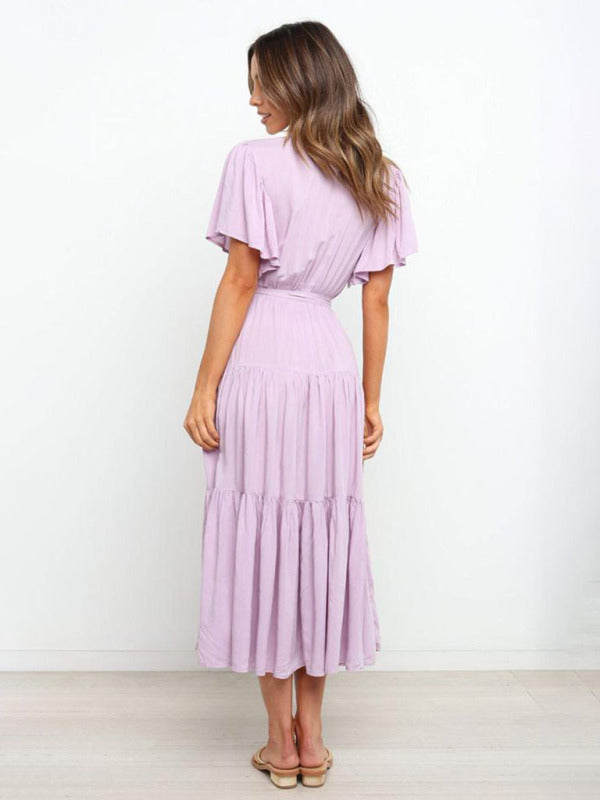 Solid v-neck short sleeve bohemian midi dress BLUE ZONE PLANET