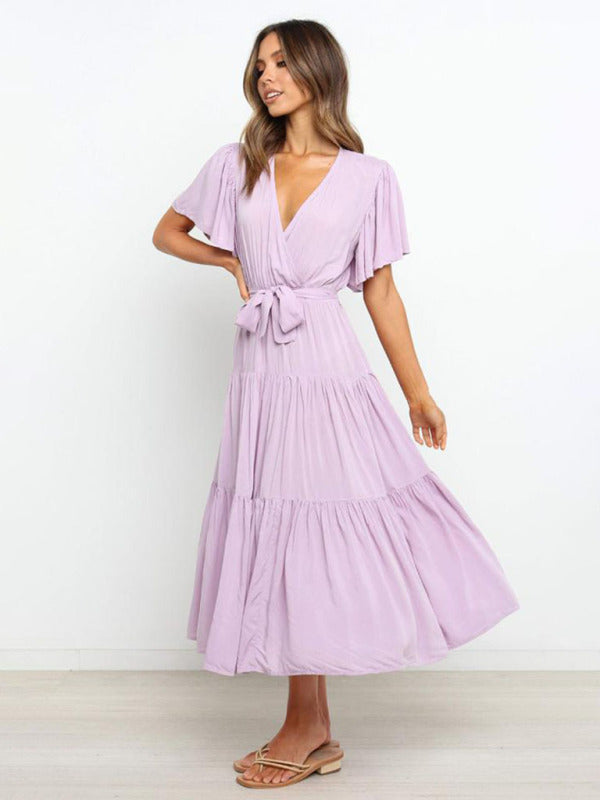 Solid v-neck short sleeve bohemian midi dress BLUE ZONE PLANET