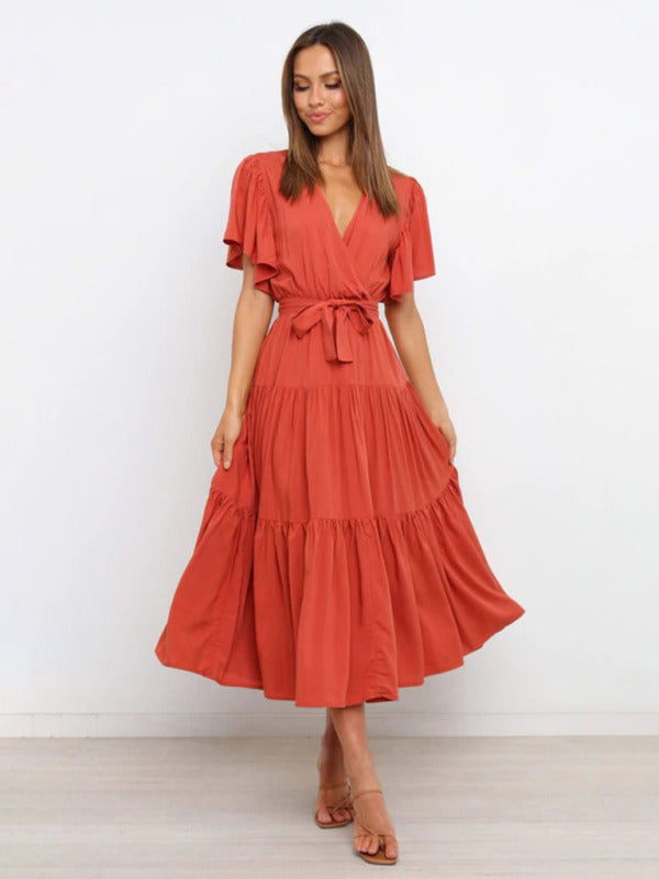 Solid v-neck short sleeve bohemian midi dress BLUE ZONE PLANET