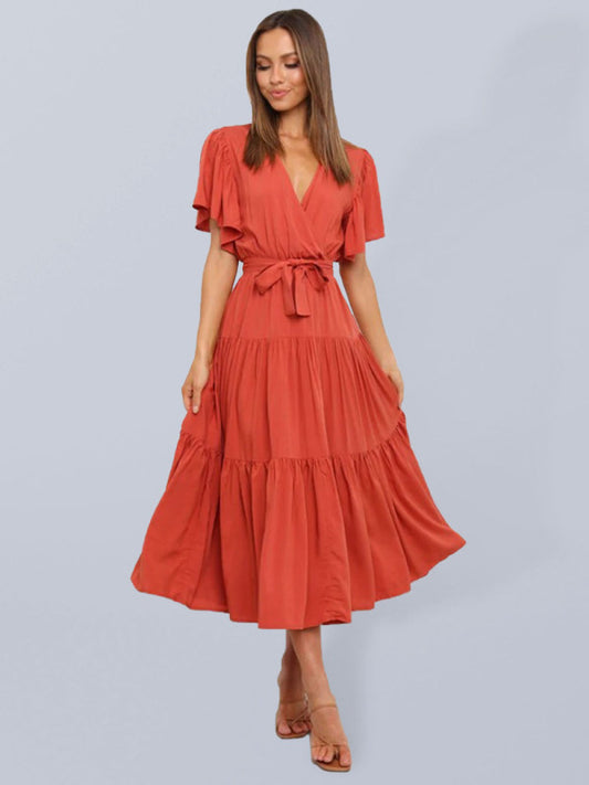 Solid v-neck short sleeve bohemian midi dress BLUE ZONE PLANET