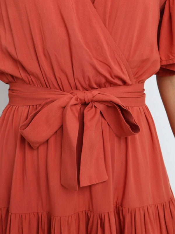 Solid v-neck short sleeve bohemian midi dress BLUE ZONE PLANET