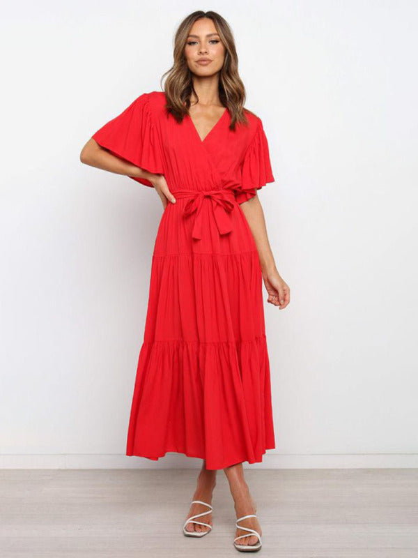 Solid v-neck short sleeve bohemian midi dress BLUE ZONE PLANET