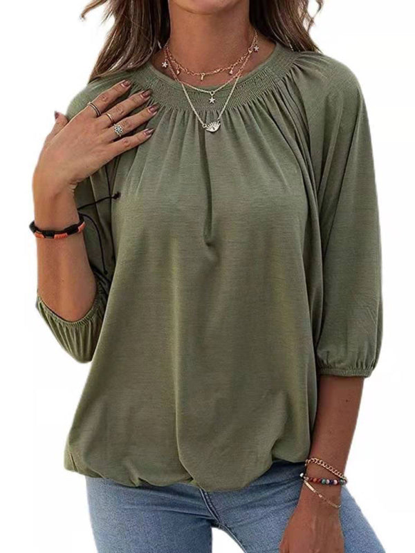Solid Color Loose Round Neck 3/4 Sleeves Ladies T-Shirt kakaclo