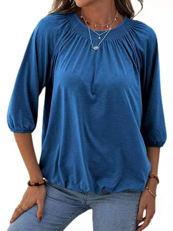 Solid Color Loose Round Neck 3/4 Sleeves Ladies T-Shirt kakaclo