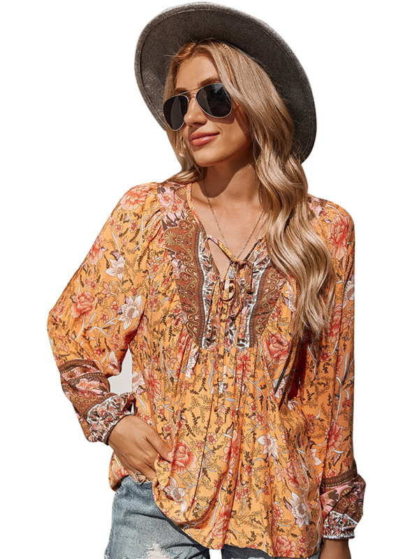 Women's bohemian print resort short sleeve blouse kakaclo