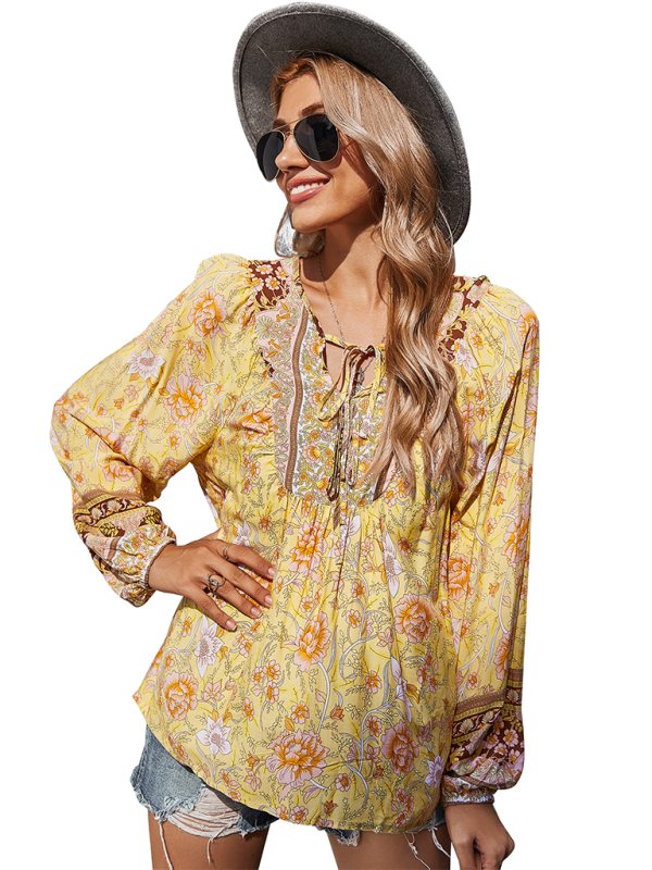 Women's bohemian print resort short sleeve blouse kakaclo