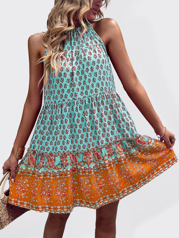 Blue Zone Planet |  Women's bohemian print holiday halterneck dress kakaclo