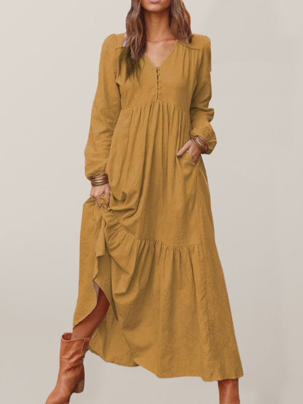 Blue Zone Planet |  Women's Button Cotton Linen Retro Casual Long Sleeve Big Swing Dress kakaclo